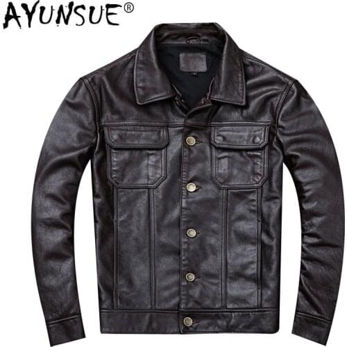 AYUNSUE Real Leather Jacket Men 100% Cow Leather Coat Short Vintage Mens Genuine Leather Jackets Motorcycle 2020 KJ2908