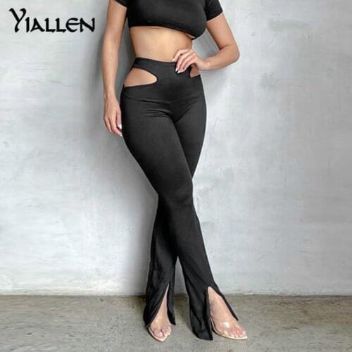Yiallen 2021Solid Hollow Out Women Pants Hipster Sexy Skinny Flare Leg Trousers Ankle Side Split Female Streetwear Hot Leggings