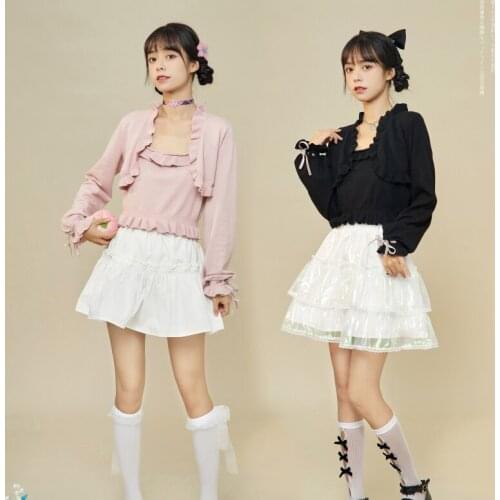 Original Design 2pcs Set Womens Knitted Sweater Bubble Cuff Long Sleeve Sweater Cardigan & Suspender Vest Pink & Black