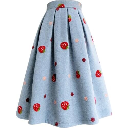 Autumn winter strawberry embroidered woolen umbrella skirt women thick high waist ball gown skirt