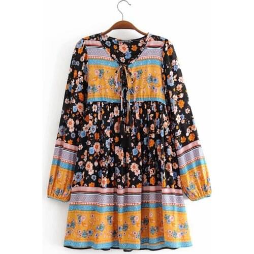 Long Sleeve Autumn Dress Rayon Mini Boho Dress Tassel V-neck Beach Style Tunic Women Dress Bohemian Dress Female