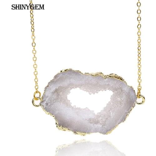 ShinyGem Irregular White Clear Crystal Necklace Gold Plating Chain Necklace Natural Stone Druzy Geode Pendant Necklace For Women