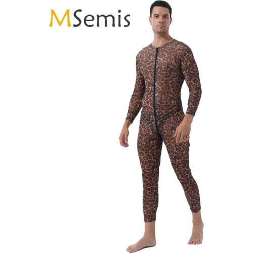 Sexy Mens Stripe/Leopard Print Teddies See-through Skinny Jumpsuits Unitard Costume Two-way Zipper Long Sleeve Leotard Bodysuit