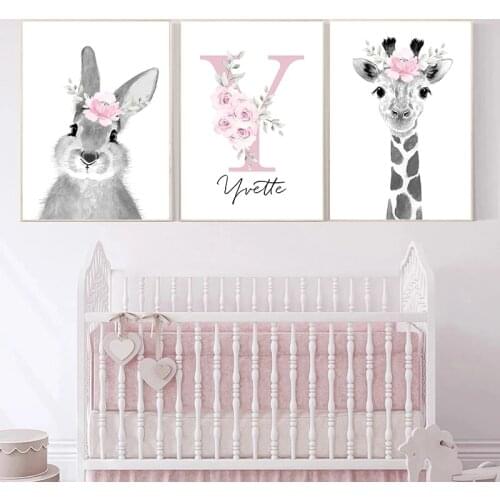 Custom Girl Name Nursery Poster Print Pink Flower Animals Personalized Wall Art Baby Bedroom Canvas Painting Room Pictures Decor