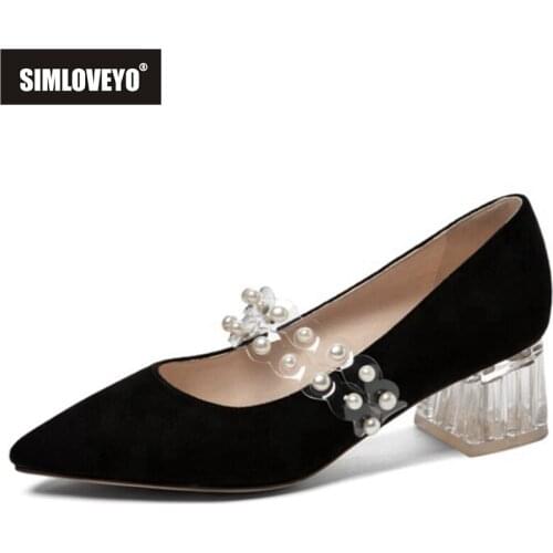 SIMLOVEYO 2021 Ladies Beading Pumps Flock Pointed Toe Slip On Soft Instep Wrap Crystal Thick Heel Size 33-43 Black White A4428