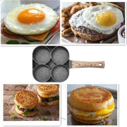 Fry Pan for Eggs Non Stick Ham Pancake Maker Egg Burger Pan with Wooden Handle 4 Hole for Induction Cooker Gas Stove