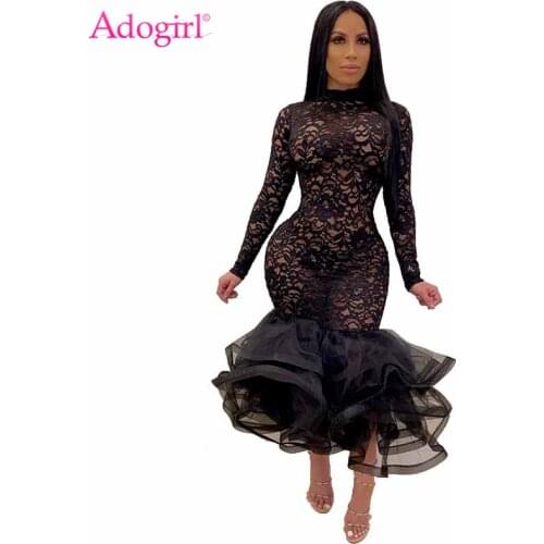 Adogirl Organza Ruffle Sheer Lace Party Dress 2020 Spring Mock Neck Long Sleeve Mermaid Evening Gown Maxi Club Dresses Vestidos