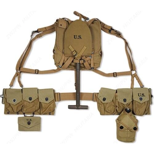 WWII WW2 US ARMY EQUIPMENT FULL SET USMC UPPER BACKPACK WITH STRAPS T-TYPE SPADE WITH SIX CELL POUCH Military War Reenactments