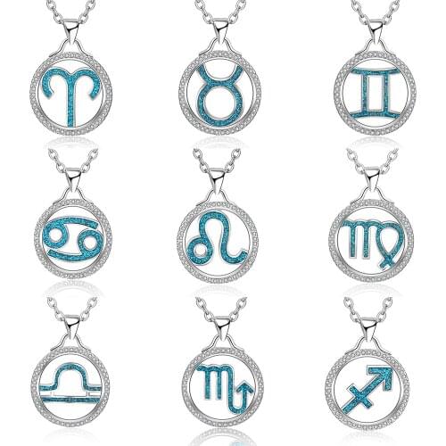 WALERV 12 Constellation Necklace Pendant for Women Imitation Blue Opal Charm Pendant White Cubic Zirconia Necklace Chain Gift