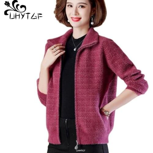 UHYTGF Women Spring Autumn Jacket Knitted Quality Mink Fleece Cardigan Female Short Coat Zipper Loose 5XL Plus Size Outwear 1488