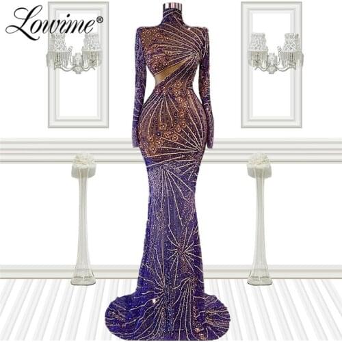 Purple Beading Party Dresses 2021 Mermaid Long Crystal Illusion Celebrity Dress Vestido De Festa Arabic Middle East Evening Gown
