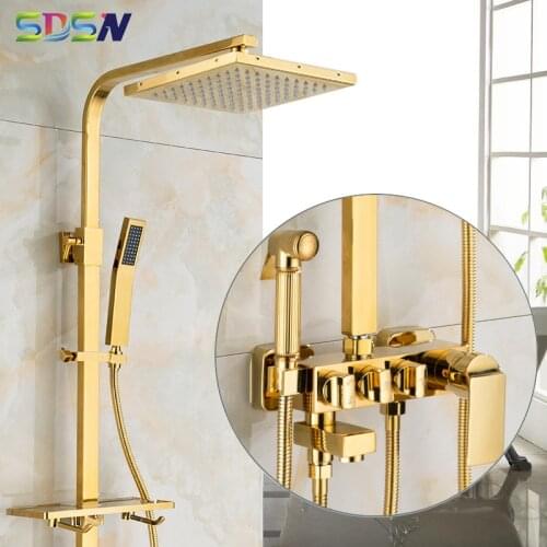 Gold Thermostatic Shower Set Square Bathroom Shower Head Rainfall Spa Top Shower Quality Brass Shower Faucet Gold Shower System