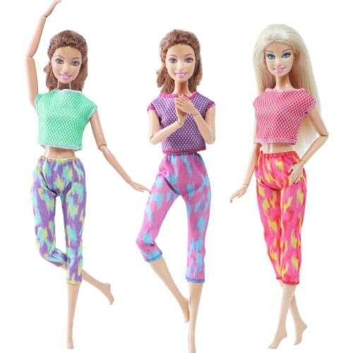 BJDBUS 1 Set Yoga Sports Outfits Pants Trousers Gym Vest Clothes for Barbie Doll Girl Birthday Gift Pink Green Purple Set