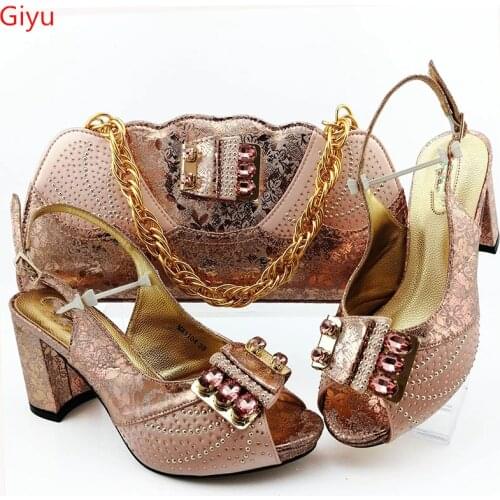 Doershow Shoes and Bag Set African Sets 2019 peach Color Italian Shoe Bag Set Decorated with Rhinestone High Quality!SGO1-35