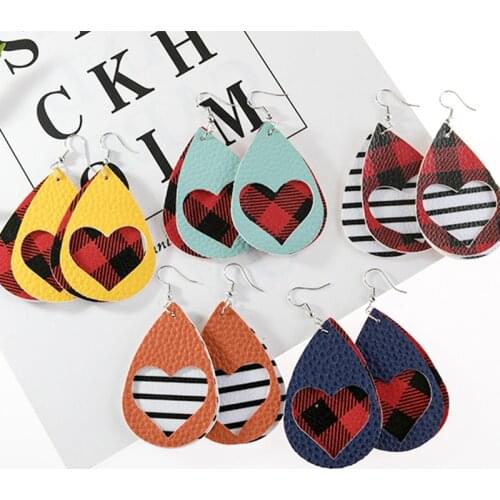 Double Layer Valentines Day Leather Water Drop Earrings Red Plaid Love Heart Earrings Female Creative Animal Pattern Earrings