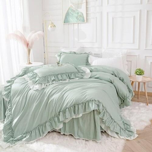 100%Cotton Solid Color Home Textile Bedding Set King Queen Princess Lace Ruffles Quilt Cover Bedspread Bed Skirt Pillowcases