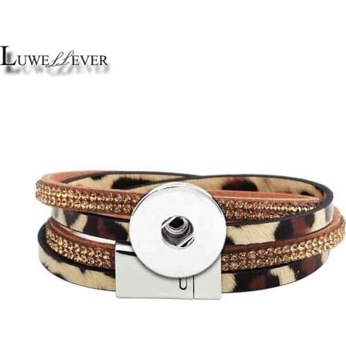 Fashion Pu Leather Magnet Bangle Leopard Bracelet 134 Crystal 18mm Snap Button Interchangeable Charm Bracelet For Women Gift