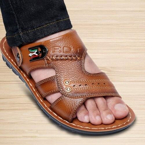 Mens Beach Sandals Genuine Leather Summer Male Outdoor Water Sports Office Slippers Man Cowhide Two Uses Mens Sandals