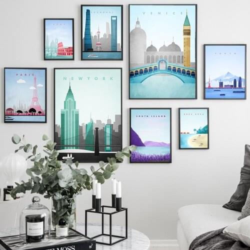 Nodic Famous City Travel Posters Barcelona Hawaii Rome Landscape Canvas Painting Cartoon Wall Art Prints Pictures Home Decor