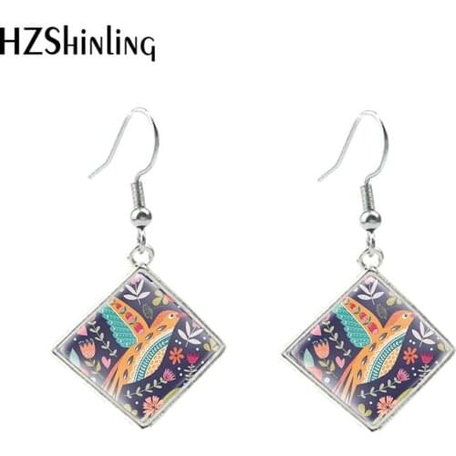 2020 New Arrival Rhombus Hook Earrings Colorful Printing with abstract folk bird Dangle Drop Earrings