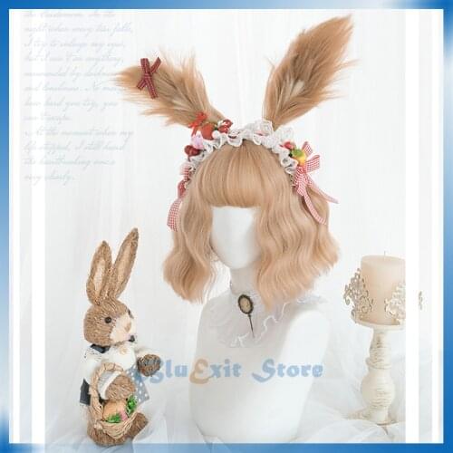Lolita Harajuku Wig Cosplay Blonde Bunny Ears Sweet Cute Squirrel Short Curly Synthetic Hair Adult Girls Headwear