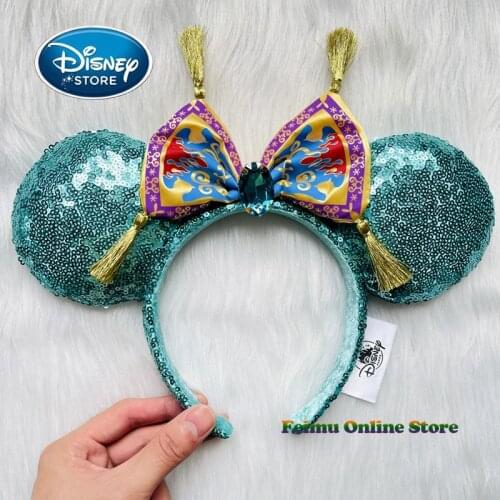 Disney Aladdin Movie Magic Carpet Headband Jasmine Mickey Ears Disneyland Cartoon Tassel Mint Green Gem Headwear Decoration Gift