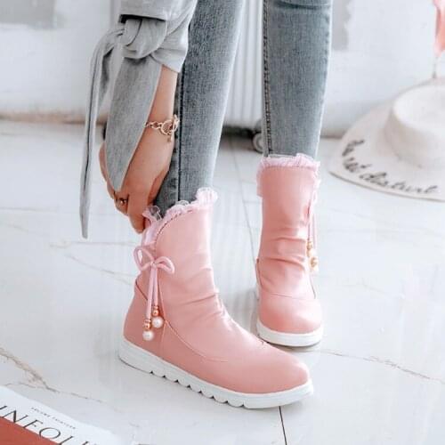 PXELENA Lolita Mary Janes Ankle Boots Girls Shoes 2018 Winter Ruffles Bowknot Beads Flat Short Boots Casual Comfort White Pink