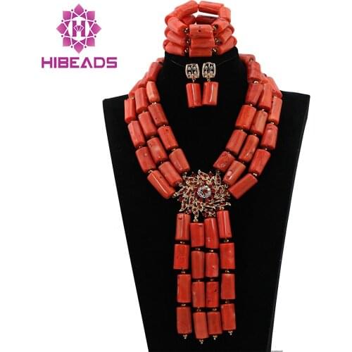 Luxury 3 Layers Coral Pendant Necklace Earrings Bracelet Set Women African Costume Beads Jewelry Set Coral Free Shipping CNR556