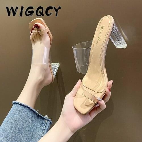 Clear Heels Slippers Women Square Toe Sandals Summer Shoes Woman Transparent High Pumps Wedding Jelly Buty Damskie High Heels