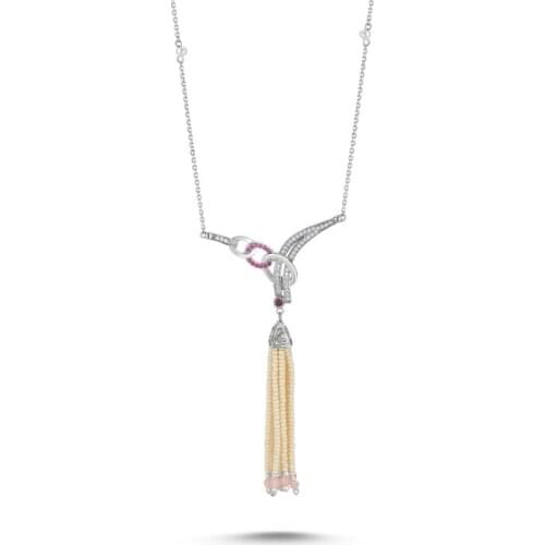 Silver 925 Sterling Majorca Pearl and Pink Quartz Tassels Zircon Cubic Zirconia Necklace
