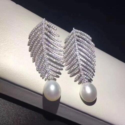 Leaf feather stud earring 925 sterling silver blingbling fine women jewelry trendy natural fresh water pearl earring