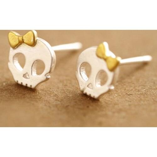 925 Sterling Silver Stud Earrings Cute Women Stud Earrings Bow with Fashion Skull Earrings Jewelry Punk Style