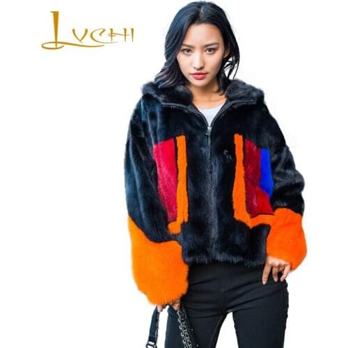 LVCHI Winter 2019 Import Real Mink Fur Coats Womens Patchwork Coat Full Pelt Causal Contrast Color Hat Letter Short Mink Coats