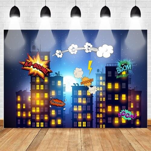 Superhero Birthday Party Photography Backdrops Kids Night Starry Sky City Building Photo Background for Party Banner Decor