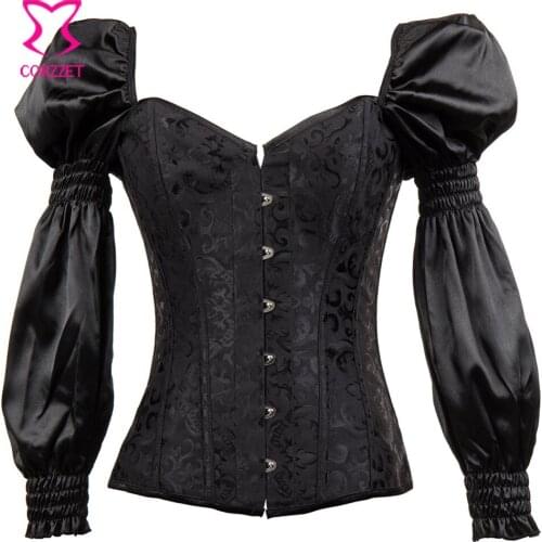 Victorian Retro Corsets And Bustiers With Puff Long Sleeve Black Gothic Corset Plus Size Korsett For Women Steampunk Clothing