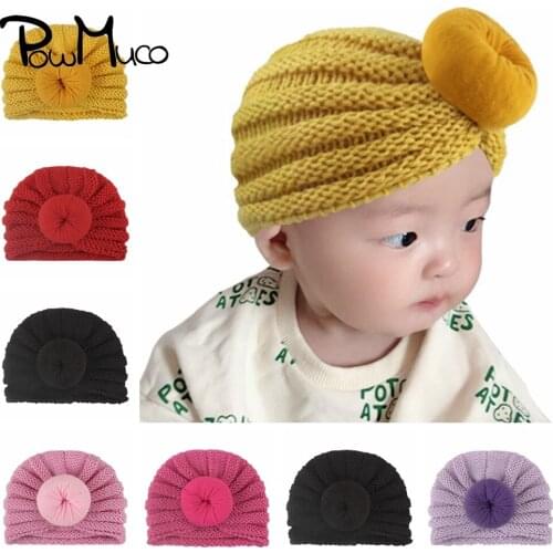 Powmuco 16*13 CM Handmade Knitted Striped Wool Cap Solid Color Donut Infant Bonnet Fashion Indian Hat Toddler Clothing Accessory