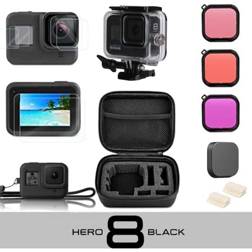 For Gopro hero 8 kit EVA case Tempered Glass waterproof Housing case red filter Frame silicone Protector Go pro Accessories Set