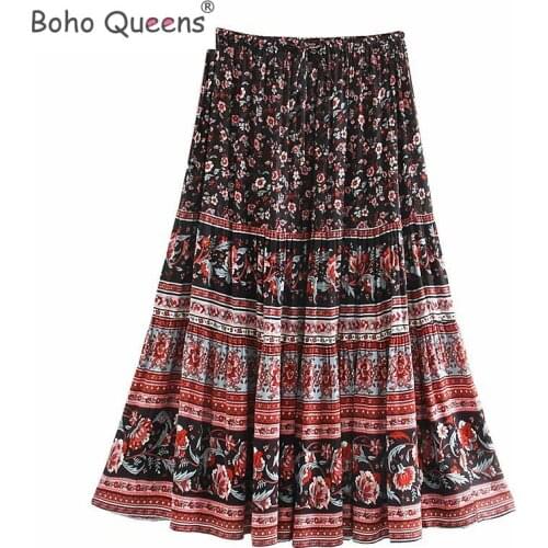 Boho Queens Hippie women floral peacock printed High Elastic Waist beach Bohemian skirt ladies Midi A-Line Boho skirt