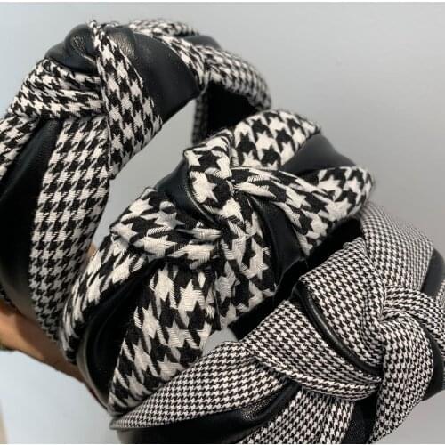 Women Hair Accessories Personality PU Leather Stitching Plaid Hair Band Retro Knotted Headband For Women Girls Hairbands Bezel