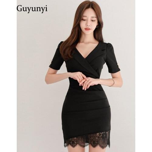 Black Elegant Office Dress 2021 Summer Small Sexy V-Neck High Waist Slim Decorative Lace Hem Temperament Party Womens Dresses