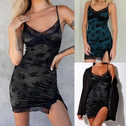 Women Dress Lace Rose Pattern Summer Sleeveless Split Bottoming Mini Dress for Night Club
