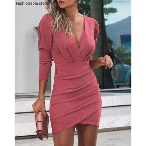 Women Long Sleeve Ruched Bodycon Dress Solid Color V Neck Puff Sleeve Party Dress
