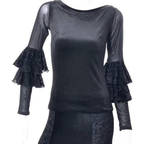 Ballroom dance modern dance two layers lotus cuff mesh sleeve blouse top T15041 practice velvet fabric