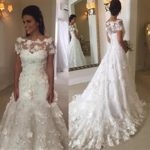 White Flowers Wedding Dresses Scoop Neck Short Sleeves Button Back Wedding Gowns Long Bride Dress robe de mariee