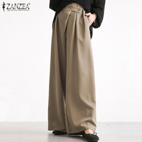 ZANZEA Fashion Women Wide Leg Pants Casual High Waist Solid Long Trousers Autumn OL Work Pantalon Loose Palazzo Plus Size Pants