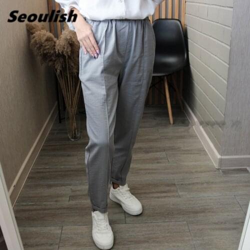 Seoulish 2021 New Summer Cotton and Linen Womens Pants Casual Lace Up High Waist Harem Pants Solid Female Trouses Pockets