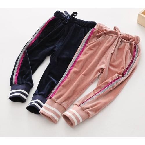 Kids Pants High Quality Gold Velvet Autumn Winter Pants Children Trousers Drawstring Stripe Toddler Baby Pants Girl Harem Pants