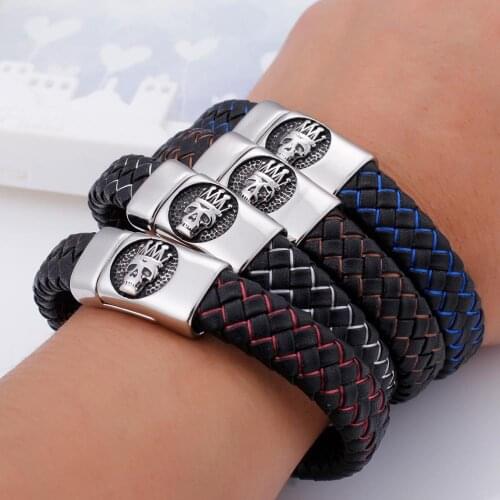 Jewels Store Braided Leather Chain Skull King Mens Stainless Steel 210mm Four-Color Bracelet Jewelry Gift For Man
