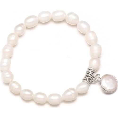 New 8-9mm mm freshwater pearl inlaid agates bracelet Simple fashion party jewelry personality gift size 19cm