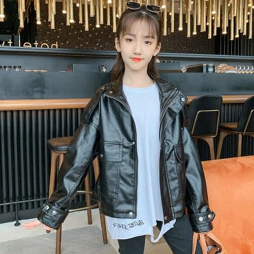 New Arrived Girls Coats Spring Autumn Fashion Korean Childrens Pink Black PU Leather Jacket for 4 6 8 10 12 Year Kids Tracksuit